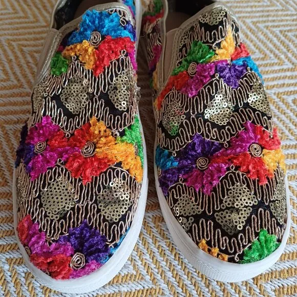 Stunning Wanted Renoir Colorful Embroidered Sequins Slip On Shoes Size 7 - Picture 10 of 11